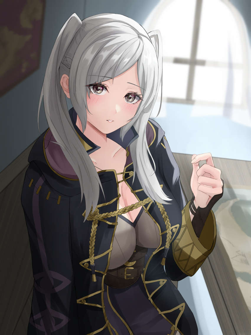 1girls absurdres belt belt_buckle black_robe blush braid breasts brown_belt brown_eyes buckle cleavage commentary_request female female_only fire_emblem fire_emblem_awakening grey_hair grey_shirt highres hood hood_down hooded_robe indoors large_breasts long_hair long_sleeves looking_at_viewer medium_hair nintendo open_clothes open_robe parted_lips peli_cantaro robe robin_(fire_emblem) robin_(fire_emblem)_(female) shirt solo sunlight swept_bangs table tank_top twintails white_hair window