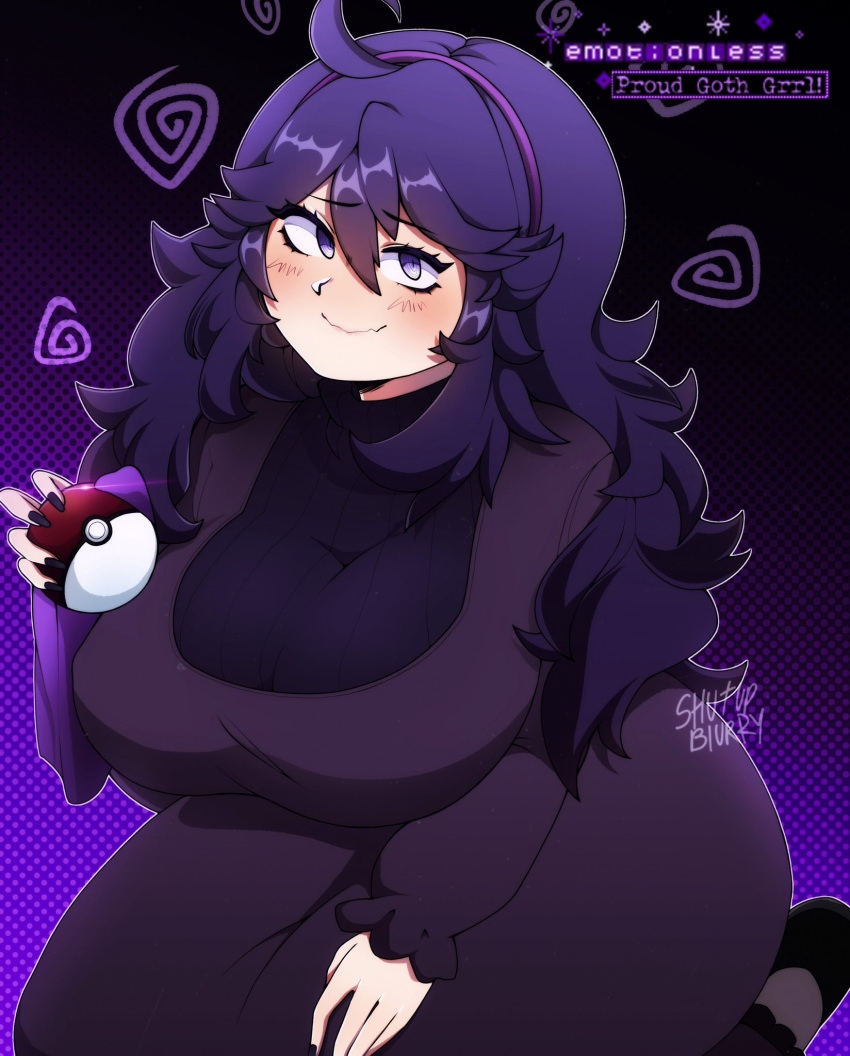 1girls 2023 ahoge alternate_breast_size artist_name big_breasts blush female female_only hairband hex_maniac hi_res huge_breasts kneeling long_hair looking_at_viewer messy_hair nintendo pokeball pokemon pokemon_xy purple_eyes purple_hair shutupblurry smiling smiling_at_viewer solo voluptuous wavy_mouth