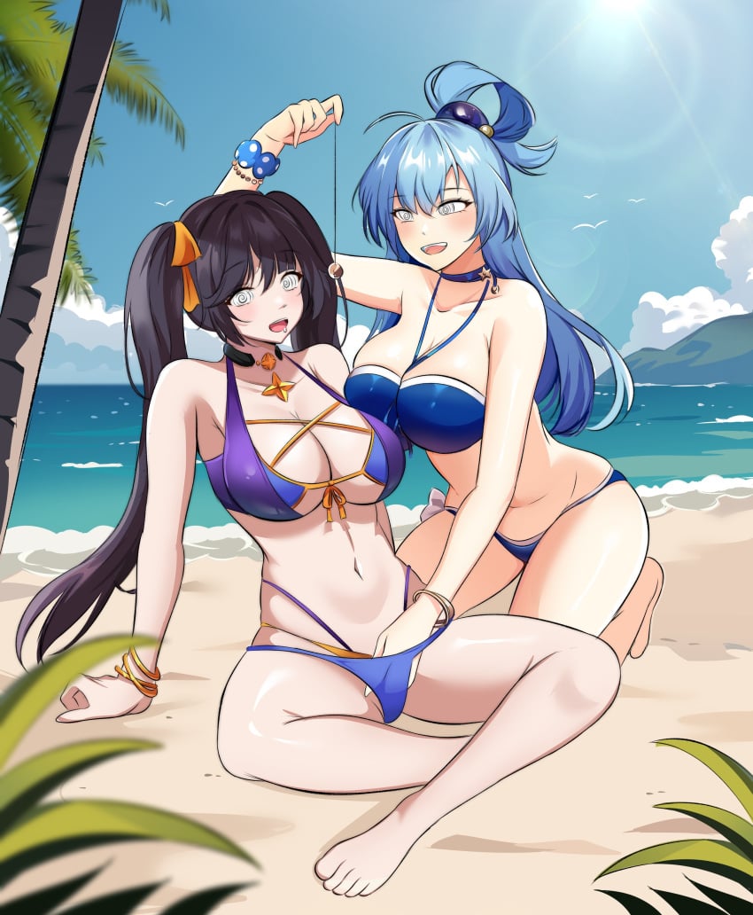 2girls @_@ absurdres aqua_(konosuba) arm_support azmi_yudista azmiyudista bare_arms bare_legs bare_shoulders barefoot bikini black_hair blue_bikini blue_choker blue_hair blue_sky bracelet breasts choker cleavage cloud commentary commission crossover day english_commentary female female_only genshin_impact hair_rings halterneck highres holding hypnosis implied_fingering jewelry kneeing kono_subarashii_sekai_ni_shukufuku_wo! large_breasts mona_(genshin_impact) multiple_girls navel no_headwear ocean outdoors sky stomach swimsuit thighs twintails water yuri