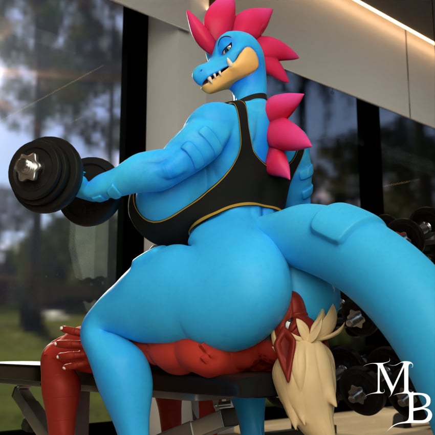 3d_(artwork) anthro anthro_on_anthro ass big_breasts big_butt bottomless breasts clothed clothing digital_media_(artwork) dumbbell exercise facesitting fangs female female_on_top feraligatr generation_2_pokemon gym hi_res huge_breasts male male/female masterbrony nintendo on_top pokemon pokemon_(species) scalie sitting_on_another teeth weightlifting weights workout