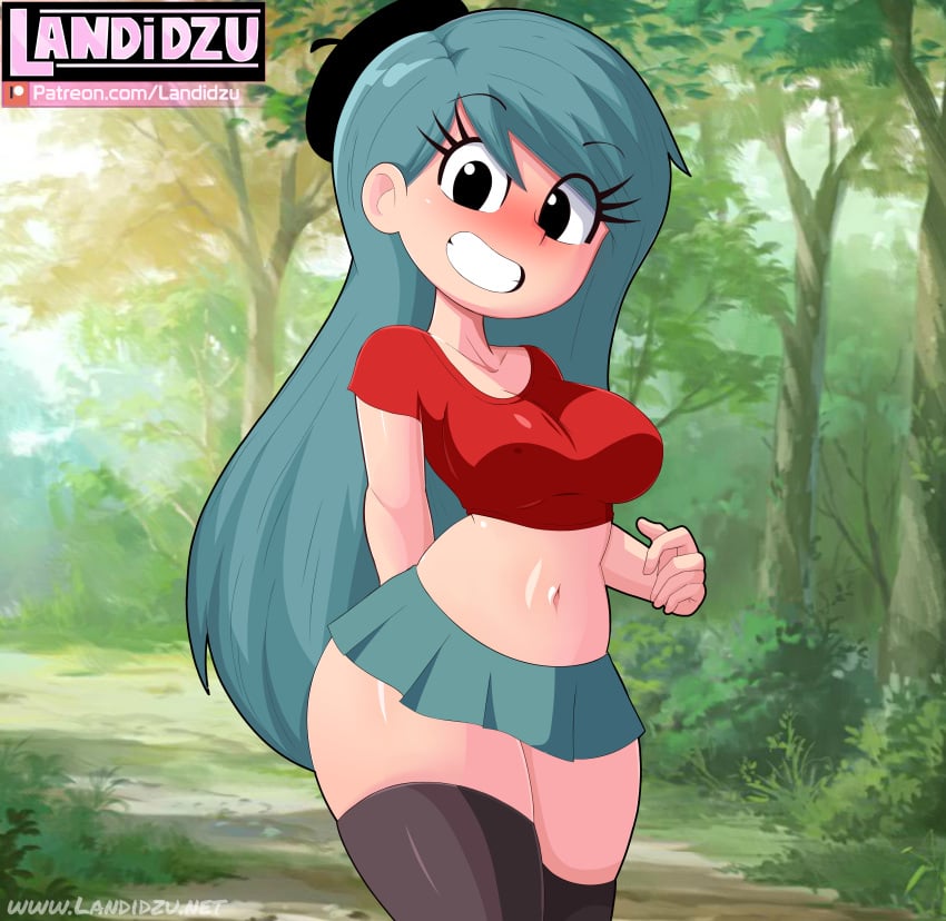 adult adult_female aged_up beret big_breasts black_beret blue_hair blush breasts busty child_bearing_hips cleavage clothed clothing curvy female female female_only grin hat hilda_(hilda) hilda_(series) landidzu long_hair looking_at_viewer midriff navel presenting skirt smile solo solo_female thick_thighs thighhighs underboob voluptuous voluptuous_female wide_hips