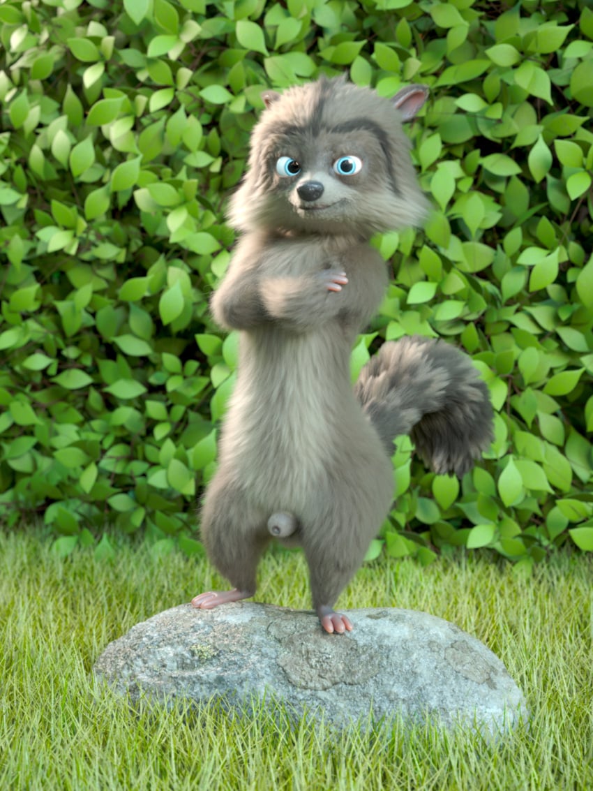 3:4 3d_(artwork) absurd_res animal_genitalia anthro digital_media_(artwork) dreamworks genitals hi_res male mammal over_the_hedge paramount_pictures pose procyonid raccoon rj_(over_the_hedge) scimunk sheath solo_male