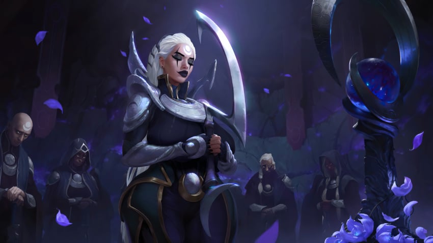 2boys 3girls alternate_breast_size black_lipstick black_markings blade diana_(league_of_legends) ear_piercing edit goth goth_girl huge_breasts league_of_legends legends_of_runeterra looking_at_another lustful_gaze moon official_artwork_edit riot_games sutton184_edits thick_thighs third-party_edit very_long_hair white_hair wide_hips