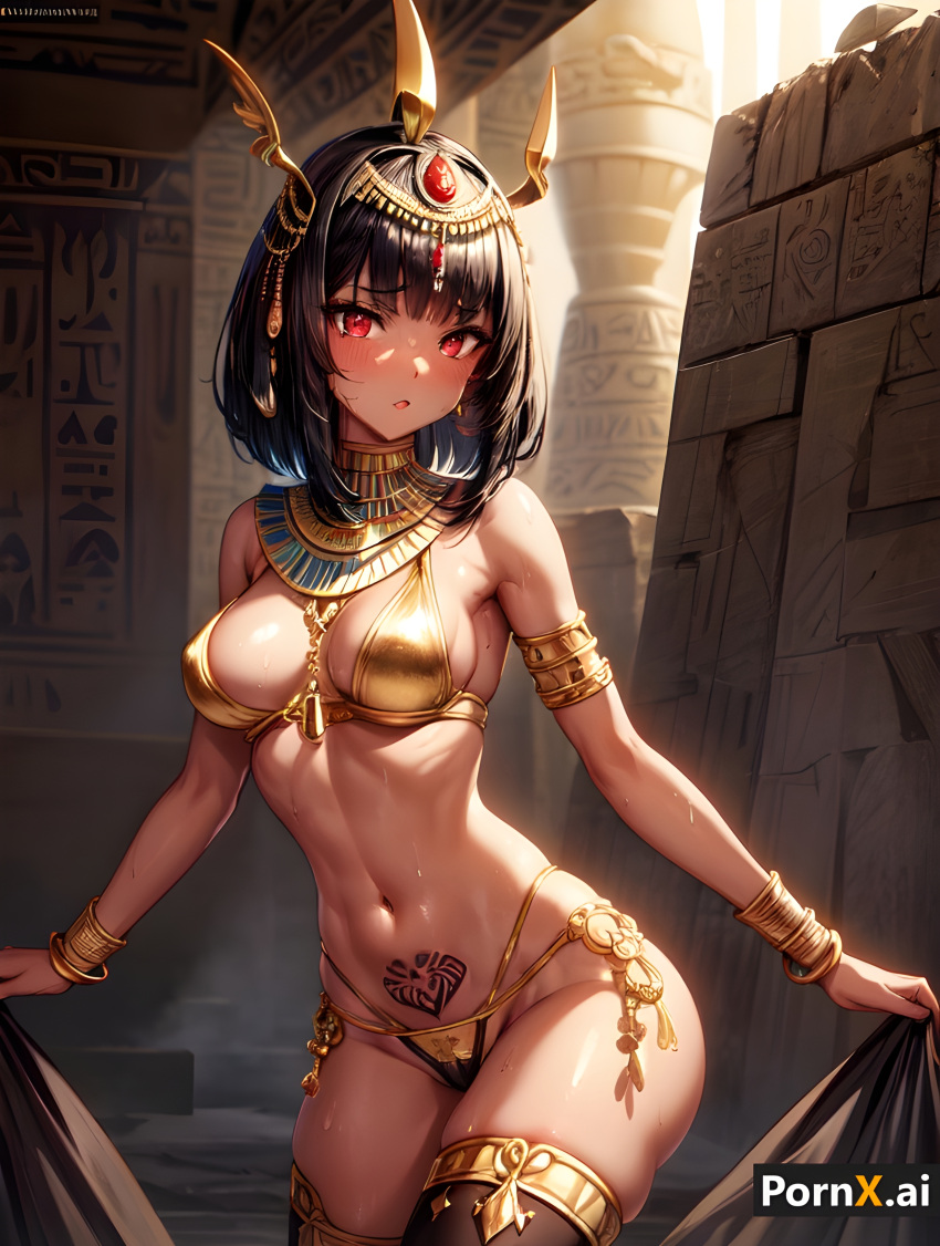 absurd_res ai_generated ancient_egypt ancient_egyptian belly_button belly_piercing black_hair blush bob_cut cameltoe dark_skin desert divine egyptian egyptian_female egyptian_mythology goddess gold_bikini gold_jewelry hair_ornament necklace red_eyes silk standing tan_body thigh_boots thighs