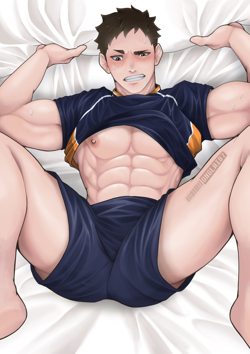 1boy abs bedsheets blush clothed dark_hair gay grabbing_sheets haikyuu!! legs_apart legs_held_open legs_up lying_on_bed male male_nipples male_only muscular_arms muscular_male onglai87 pecs sawamura_daichi shirt_up shorts solo sportswear sweat sweating volleyball_uniform