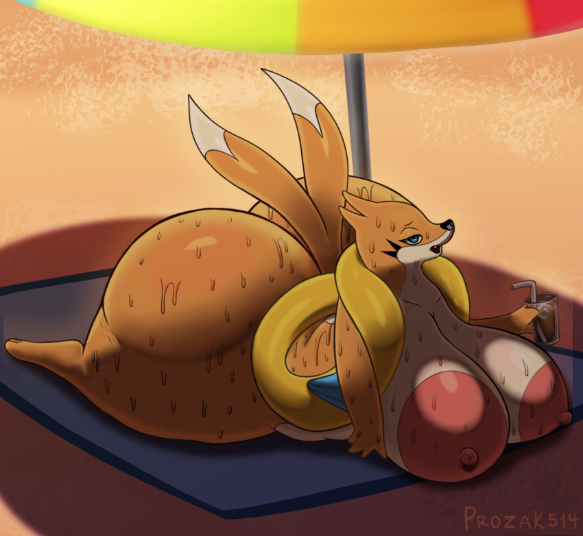 anthro ass beach beverage big_breasts big_butt bodily_fluids breasts container cup digital_media_(artwork) drinking_glass female floatzel fur generation_4_pokemon glass glass_container glass_cup huge_breasts huge_butt mammal nintendo nipples nude open_mouth pokemon pokemon_(species) prozak514 seaside simple_background solo straw sweat sweaty_breasts sweaty_butt sweaty_legs sweaty_thighs tail towel umbrella