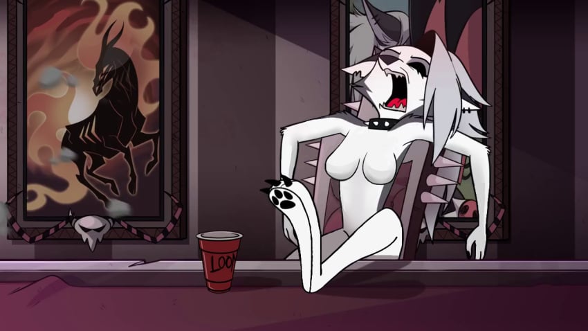 accurate_art_style anonymous_artist chair choker collar cup edit edited female fur hellhound helluva_boss long_hair loona_(helluva_boss) muzzle naked naked_female no_nipples open_mouth pawpads paws screenshot_edit sleeping snoring third-party_edit unknown_artist