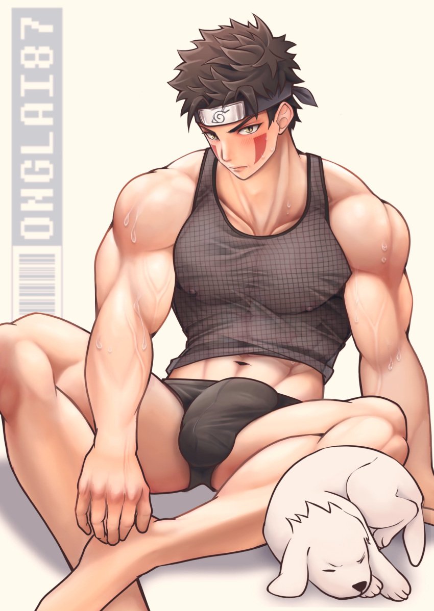 abs big_bulge black_tank_top black_underwear blush brown_hair bulge bulge_through_clothing collarbone flaccid headband inuzuka_kiba legs_crossed looking_at_viewer male male_only muscular_arms muscular_legs muscular_male muscular_thighs naruto naruto_(series) naruto_shippuden nipple_bulge nipples_visible_through_clothing onglai87 pecs pectoral_bulge see-through_clothing see_through_shirt solo sweat sweating tank_top trapezius underwear veins veiny_arms yellow_eyes