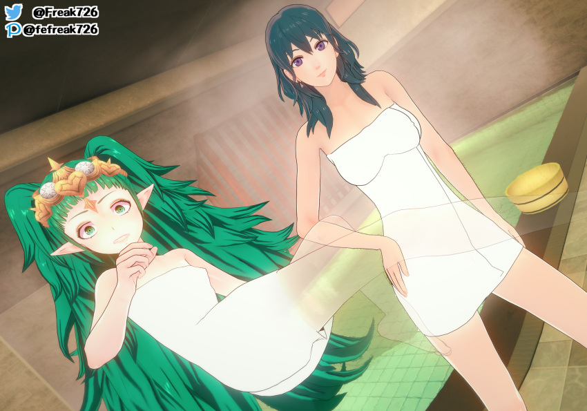 2girls 3d ass bangs bare_legs big_ass blue_eyes breasts bucket byleth_(fire_emblem) byleth_(fire_emblem)_(female) caught clenched_teeth fefreak726 female female_only fire_emblem fire_emblem:_three_houses floating green_eyes green_hair indoors large_breasts legs long_hair looking_at_viewer medium_hair multiple_girls naked_towel nintendo nude nude_female on_side onsen pointy_ears shocked small_breasts smile sothis_(fire_emblem) steam teal_hair towel twintails very_long_hair wide_eyed x-ray