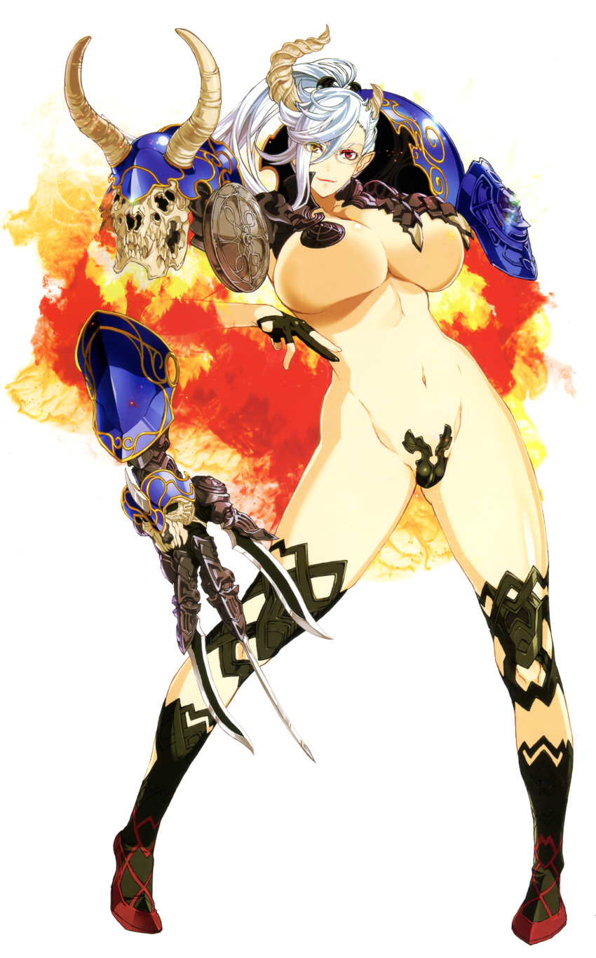 armor belial_(nanatsu_no_taizai) black_gloves black_socks breasts closed_mouth damnedrive demon_girl demon_horns fire full_body glasses gluteal_fold groin hair_ornament heterochromia highres horns huge_breasts kneehighs large_breasts legs_apart looking_at_viewer maebari mature_female midriff monster_girl navel nishii_(nitroplus) official_art partially_fingerless_gloves pointy_ears red_eyes red_lipstick revealing_clothes scan shoulder_armor simple_background sin_nanatsu_no_taizai smile solo_female standing stomach thick_thighs thighhighs thighs underboob white_background white_hair yellow_eyes