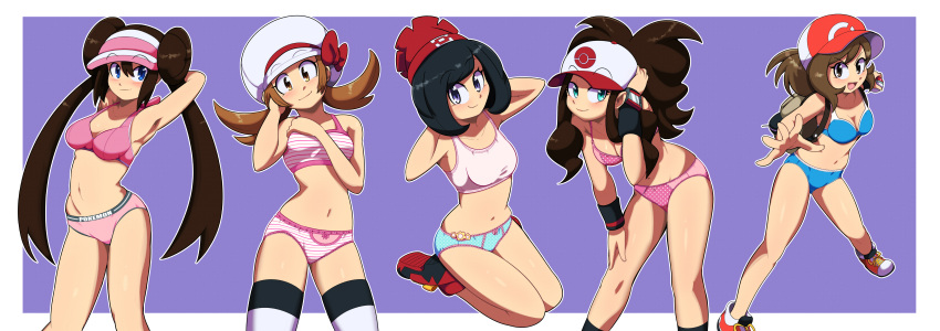 5girls backpack bending_forward bending_over black_hair blue_bra blue_eyes blue_panties blush bra breasts brown_eyes brown_hair clothing elaine_(pokemon) euf-dreamer female female_focus female_only hat hilda_(pokemon) legs_together light-skinned_female light_skin long_hair looking_at_viewer lyra_(pokemon) matching_underwear multiple_girls nintendo panties pink_bra pink_panties pokemon rosa_(pokemon) selene_(pokemon) shoes short_hair simple_background socks spread_legs striped_panties thighhighs white_legwear white_skin white_thighhighs wide_hips