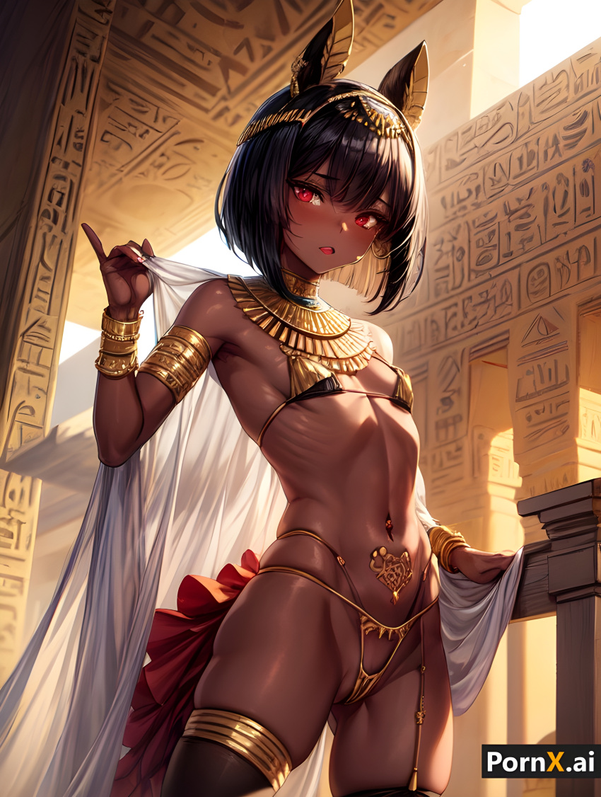 absurd_res ai_generated ancient_egypt ancient_egyptian belly_button belly_piercing black_hair blush bob_cut cameltoe cat_ears dark_skin desert divine egyptian egyptian_female egyptian_mythology flat_chest goddess gold_bikini gold_jewelry hair_ornament necklace red_eyes silk standing tan_body thigh_boots thighs