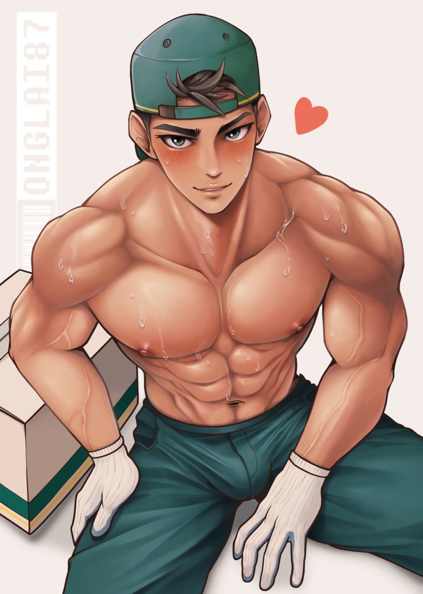 abs backwards_cap big_pecs blush blush blushing_at_viewer bulge bulge_through_clothing cap collarbone delivery_boy gloves green_eyes looking_at_viewer male male_nipples muscular_arms muscular_male muscular_neck on_knees onglai87 package pants_only pecs shirtless solo suggestive_look sweat sweating v-line veins veiny_arms