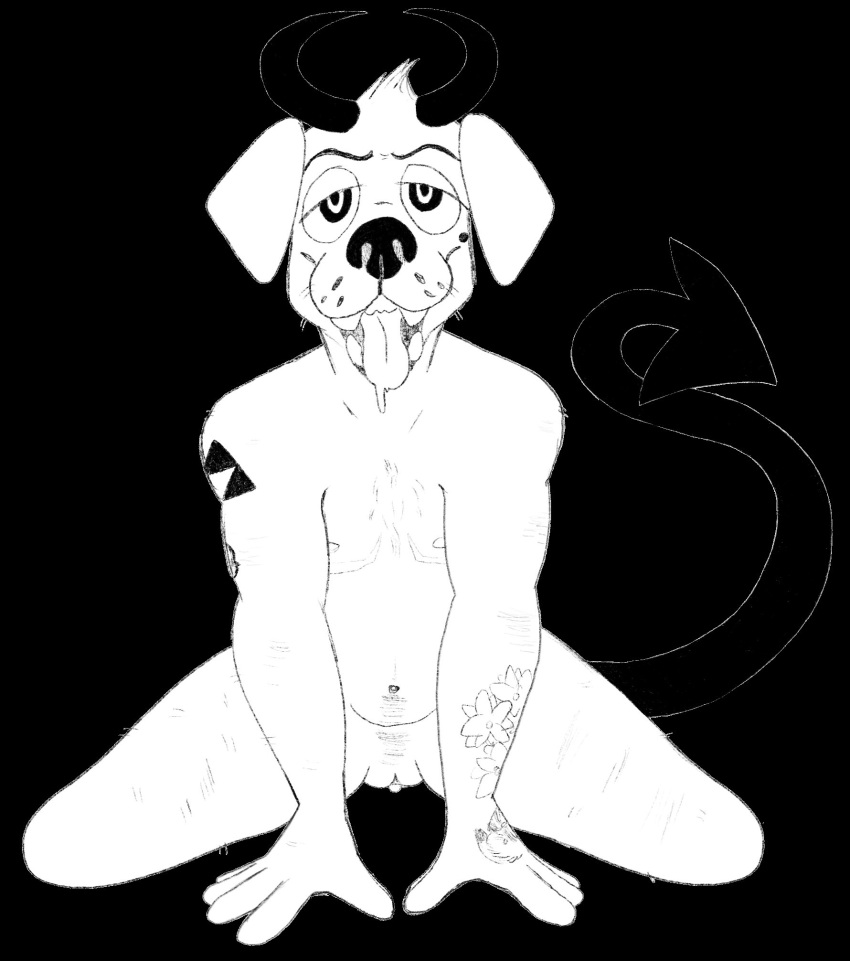 2021 andromorph anthro arm_tattoo black_and_white black_background black_horn black_nose black_tail bluekyokitty bodily_fluids body_hair canid canine canis chest_hair clitoris cuntboy demon digital_drawing_(artwork) digital_media_(artwork) domestic_dog drooling enlarged_clitoris floppy_ears fur genitals half-closed_eyes happy_trail head_tuft hi_res horn humanoid_hands intersex looking_at_viewer mammal mastectomy_scar monochrome muscular_arms narrowed_eyes navel nipples nude open_mouth pussy saliva scar sebastian_(sebdoggo) sebdoggo simple_background solo spade_tail tail tattoo teeth tongue tongue_out triforce_tattoo tuft white_body white_fur