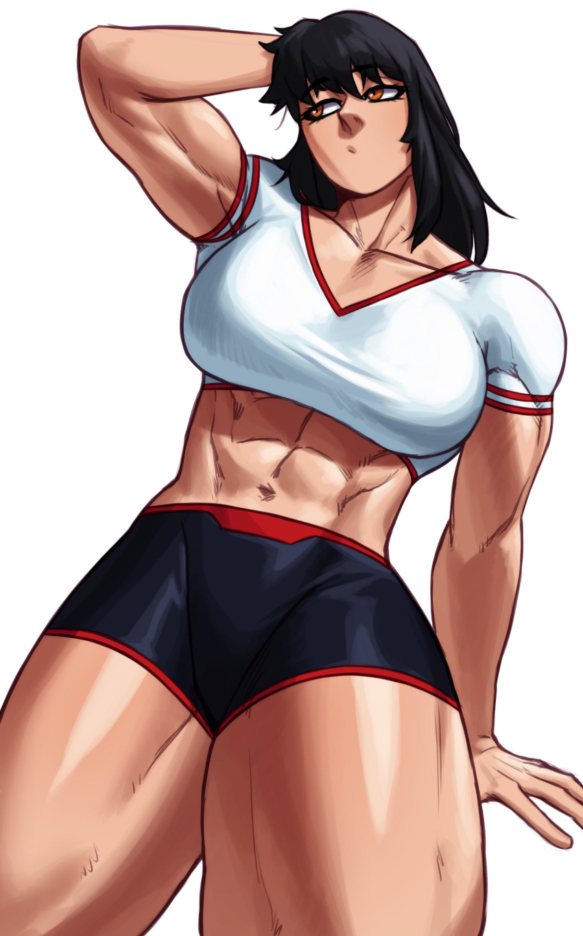 1girls abs absurd_res arm_support black_hair breasts collarbone commission crop_top hi_res large_breasts long_hair looking_away muscular muscular_female navel orange_eyes original shorts sidelocks simple_background solo sotcho thick_thighs white_background