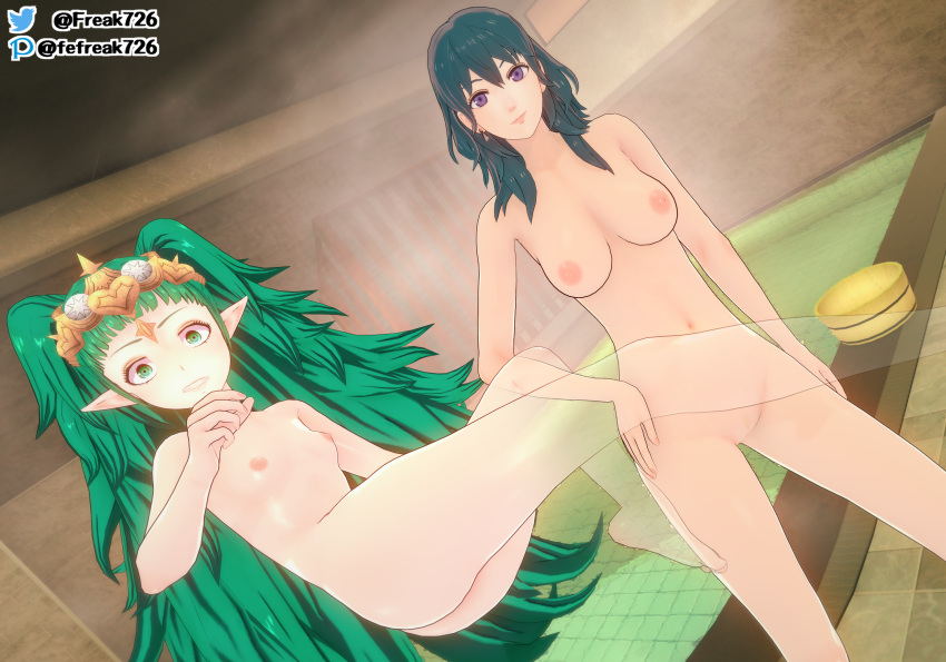 2girls 3d ass bangs bare_legs big_ass blue_eyes breasts bucket byleth_(fire_emblem) byleth_(fire_emblem)_(female) caught clenched_teeth completely_nude fefreak726 female female_only fire_emblem fire_emblem:_three_houses floating green_eyes green_hair indoors large_breasts legs long_hair looking_at_viewer medium_hair multiple_girls nintendo nipples nude nude_female on_side onsen pointy_ears pussy shocked small_breasts smile sothis_(fire_emblem) steam teal_hair twintails very_long_hair wide_eyed x-ray