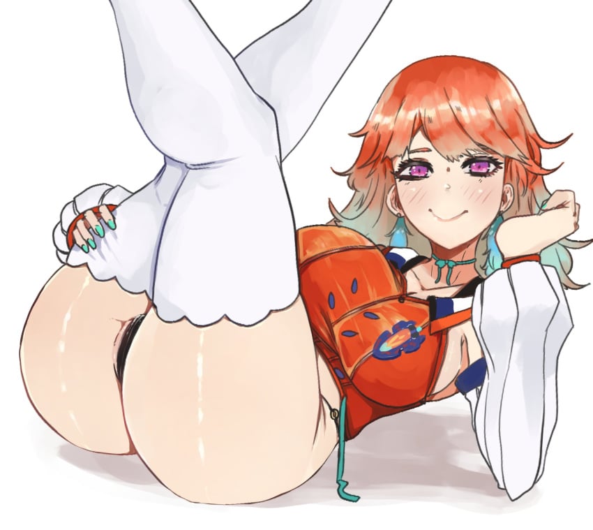 grabbing_thighs gradient_hair hololive hololive_english hololive_myth large_ass large_breasts looking_at_viewer lying_on_back meweeze orange_hair painted_nails takanashi_kiara thighhighs thong virtual_youtuber