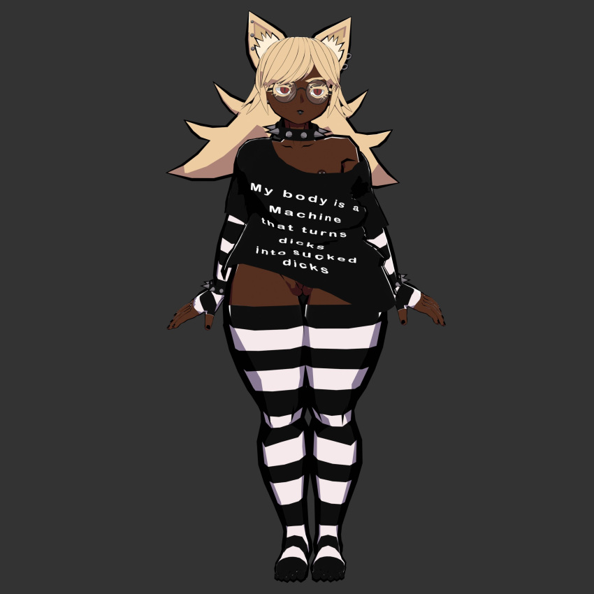 1girls 3d 3d_model armwear bottomless cat_ears collar colonalcbplayer curvy curvy_body curvy_figure dark-skinned_female dark_skin exposed_pussy female female_only funny_shirt glasses nicky_(colonalcbplayer) pussy shirt shortstack solo spiked_collar stockings thick_thighs thighhighs wide_hips