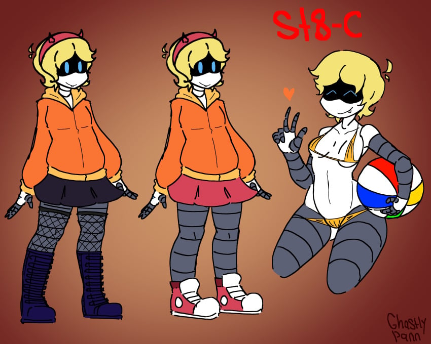 1female 1girls 2d beach_ball blonde_hair female female_focus female_only ghastlypann humanoid murder_drones oc robot robot_girl robot_humanoid screen_face short_hair simple_background small_breasts smile solo st8-c_(ghastlypann) standing thick_thighs worker_drone