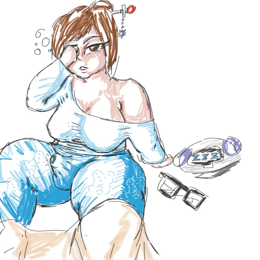 big_breasts bulge chinese chubby chubby_futanari color colorized erection_under_clothes futanari glasses glasses_removed hair hair_stick mei_(overwatch) morning_wood overwatch pajamas pencil_(artwork) penis precum precum_through_clothing robot sketch sleeping sleepy snowball_(overwatch) thick_thighs waking_up zzz