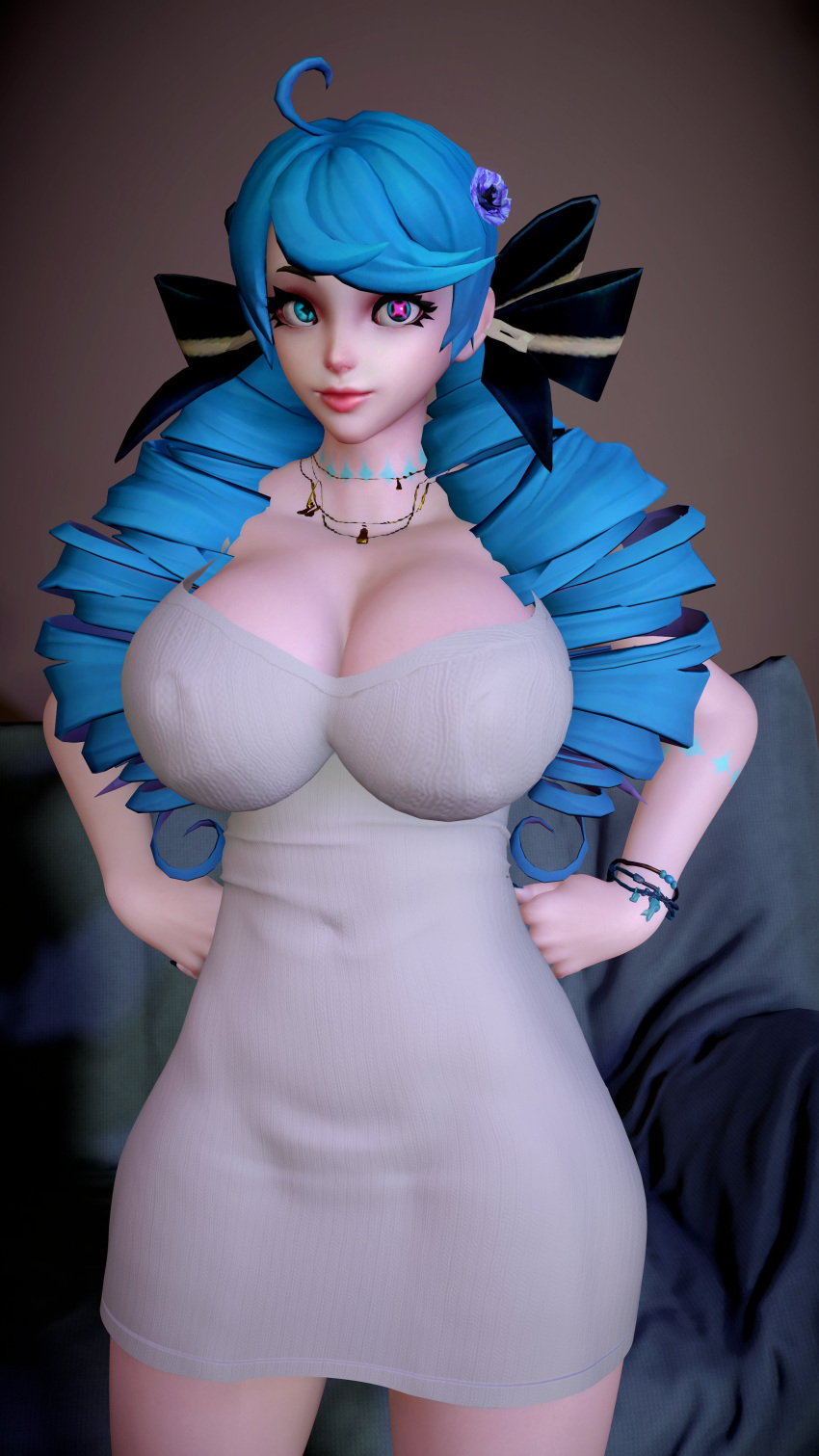 3d 3d_(artwork) 3d_model alyssisdreaming blue_hair colored_eyes colored_hair gwen_(league_of_legends) huge_breasts league_of_legends necklace virt-a-mate