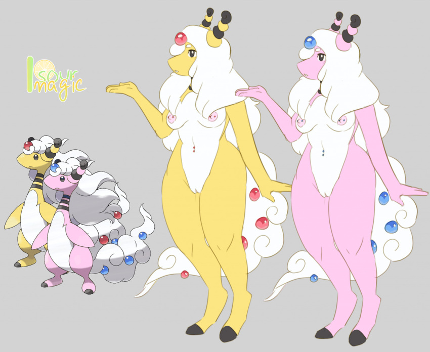 ampharos anthro beads bittervow breasts duo female fluffy fluffy_hair fluffy_tail fur generation_2_pokemon hair hooves navel navel_piercing nintendo nipple_piercing nipples nude piercing pokemon pokemon_(species) shiny_pokemon sibling_(lore) small_breasts tail twins_(lore) white_hair wide_hips yellow_body yellow_fur yellow_skin