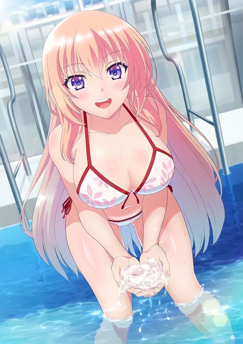 1girls :d classroom_of_the_elite female highres ichinose_honami_(cote) in_water long_hair looking_at_viewer non-web_source posing_for_the_viewer purple_eyes schoolgirl solo_female solo_focus uncensored water_in_hand white_bikini_bottom white_bikini_top youkoso_jitsuryoku_shijou_shugi_no_kyoushitsu_e