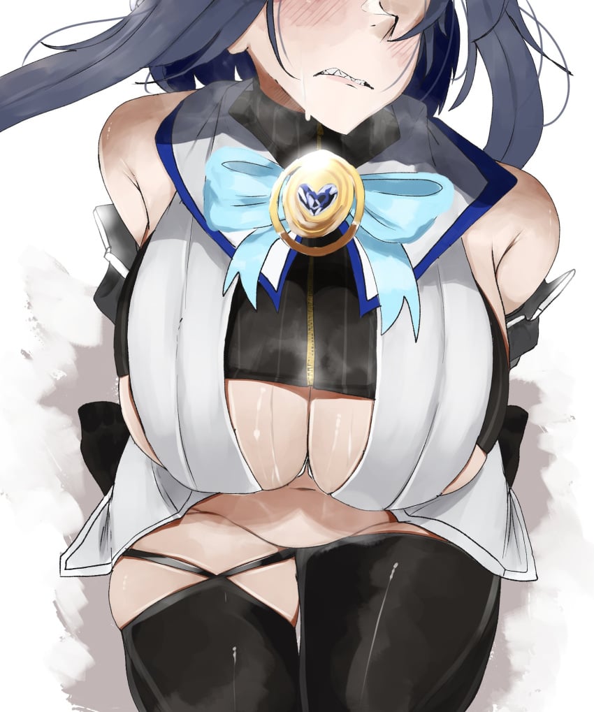 face_out_of_frame hololive hololive_english hololive_english_-council- hololive_english_-promise- huge_breasts meweeze ouro_kronii ribbon sharp_teeth steam sweat thick_thighs thigh_highs virtual_youtuber