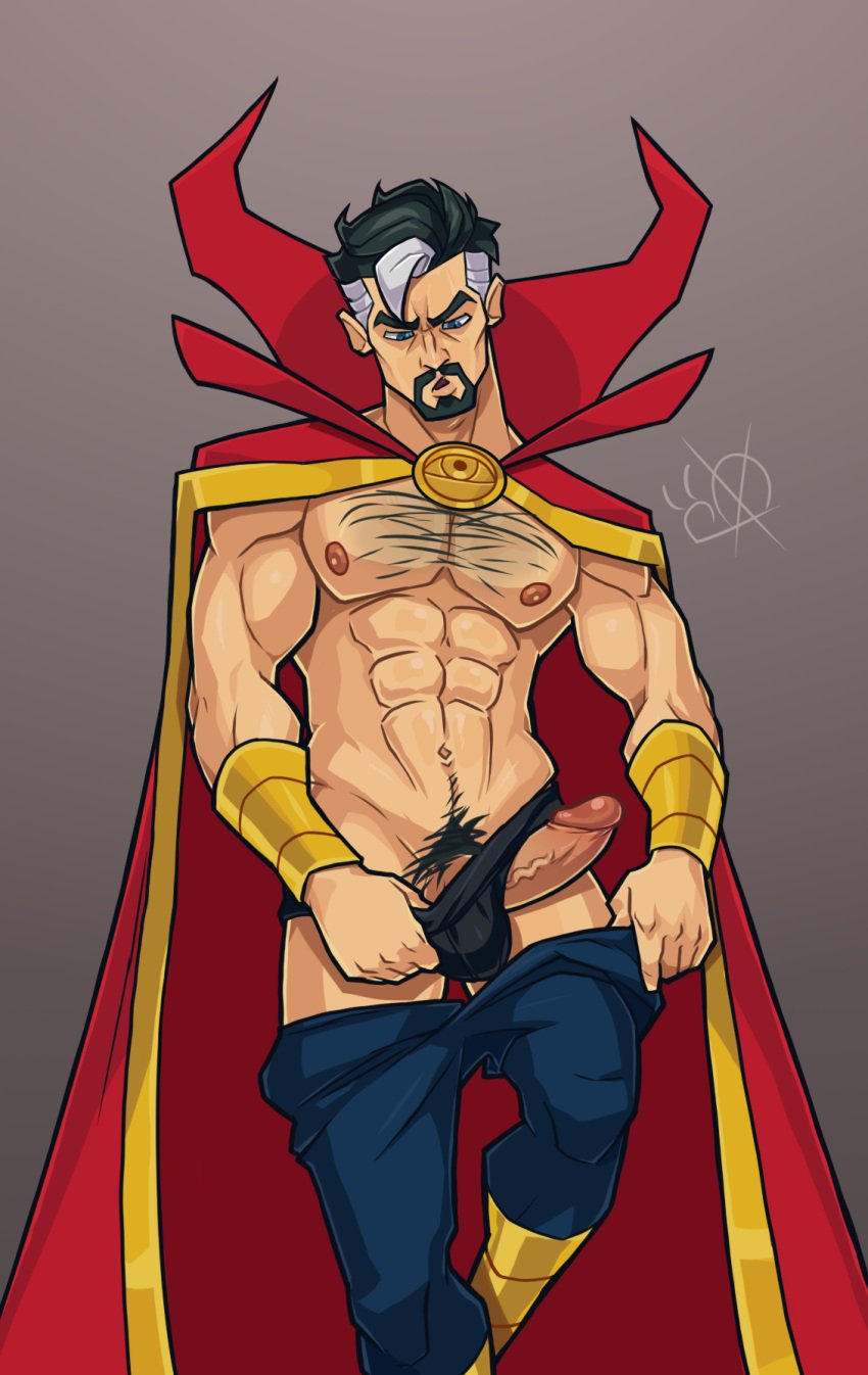 1boy 2023 abs artist_logo ball_bulge bara barazoku biceps big_penis bikini_briefs black_and_white_hair blue_eyes body_hair bulge cape clothing daddy doctor_strange doctor_strange_in_the_multiverse_of_madness erection facial_hair foreskin foreskin_folds goatee hairy_chest hi_res highres human intact male male_nipples male_only male_pubic_hair manly marvel marvel_cinematic_universe mature_male muscles muscular_arms muscular_male mustache pecs penis penis_out retracted_foreskin sneolk solo stephen_strange taking_clothes_off uncut underwear vein veiny_penis