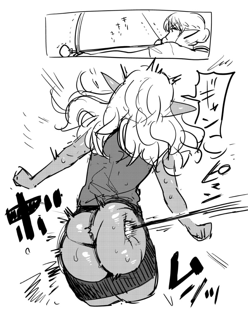 2girls arrow_(projectile) ass ass_cutout butt_crack clothing_cutout dark-skinned_female dark_elf dark_skin elf elf-san_wa_yaserarenai elfuda female greyscale highres huge_ass kuroeda long_hair monochrome multiple_girls no_sex pointy_ears sfw simple_background sketch skindentation spanking_skirt sweat synecdoche thick_thighs thighs thong translation_request white_background