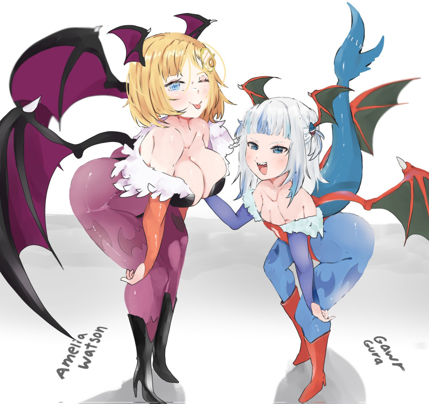 2girls bat_wings bent_over blonde_hair body_stocking clothing cosplay darkstalkers gawr_gura high_heels hololive hololive_english hololive_myth large_breasts large_butt leotard lilith_aensland_(cosplay) looking_at_viewer meweeze morrigan_aensland_(cosplay) small_breasts tail tongue_out virtual_youtuber watson_amelia white_hair winking_at_viewer