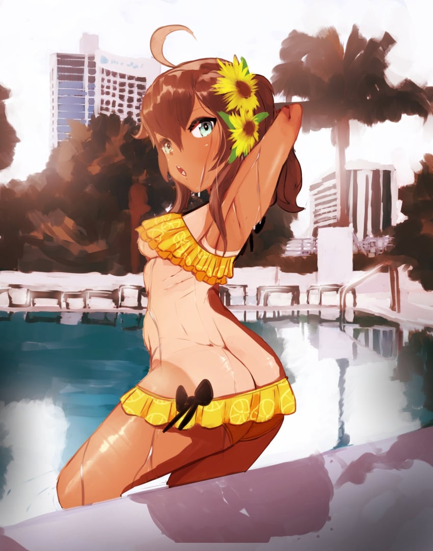 belly breasts flower_in_hair frilled_bikini hololive hololive_gen_1 hololive_japan large_ass looking_at_viewer looking_back meweeze natsuiro_matsuri pool swimsuit tanline tanlines tanned virtual_youtuber