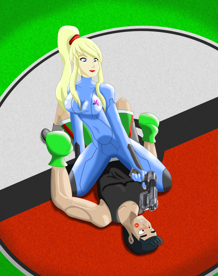 abs blonde_hair blush boxing_gloves dominant dominant_female domination gun kiss_mark lipstick little_mac love metroid mixed_wrestling muscular muscular_male nintendo overwhelmed pokemon_stadium_(super_smash_bros) ponytail punch_out red_lipstick samus_aran shorts skin_tight super_smash_bros. vs wrestling zero_suit zero_suit_samus