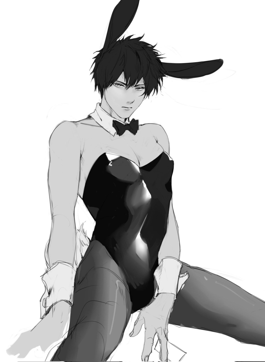 bowtie bunny_boy bunny_ears bunny_tail bunnysuit buyaozaoqi crossdressing detached_collar gintama hijikata_toshiro looking_at_viewer male male_only male_playboy_bunny monochrome pantyhose sketch solo wrist_cuffs