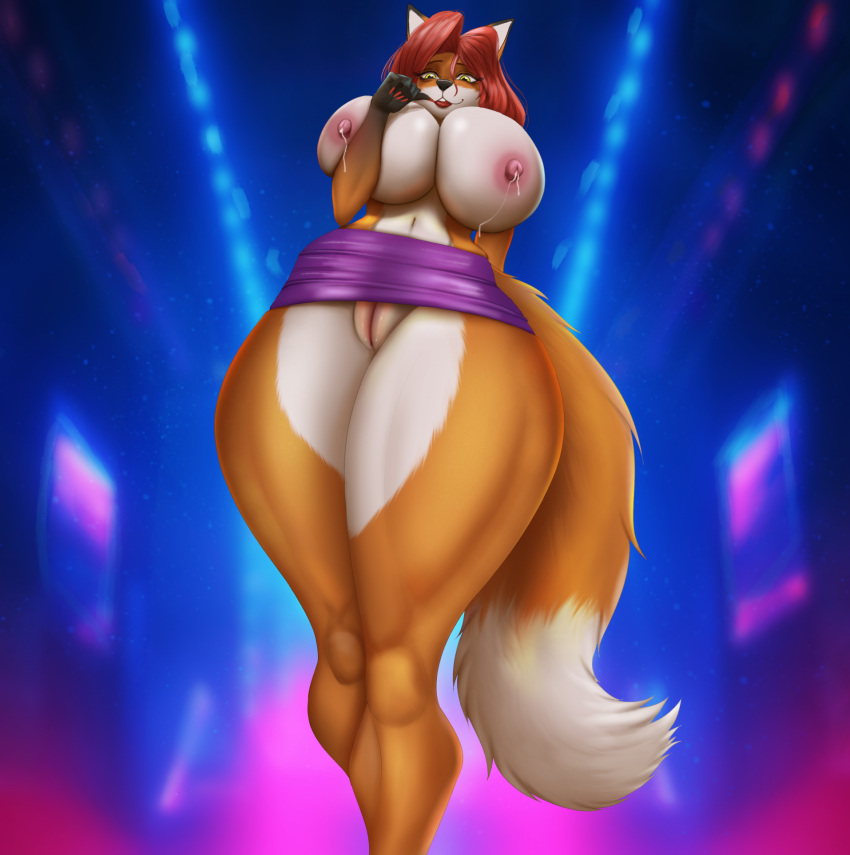 aeril_(helios) anthro big_breasts bodily_fluids bottomwear breasts canid canine clothing female fox genital_fluids genitals hair hi_res hourglass_figure huge_ass huge_breasts lactating looking_down low-angle_view mammal milk miniskirt nails nipples pussy pussy_juice red_hair skirt solo sunstripe tagme tail thick_thighs wet yellow_eyes