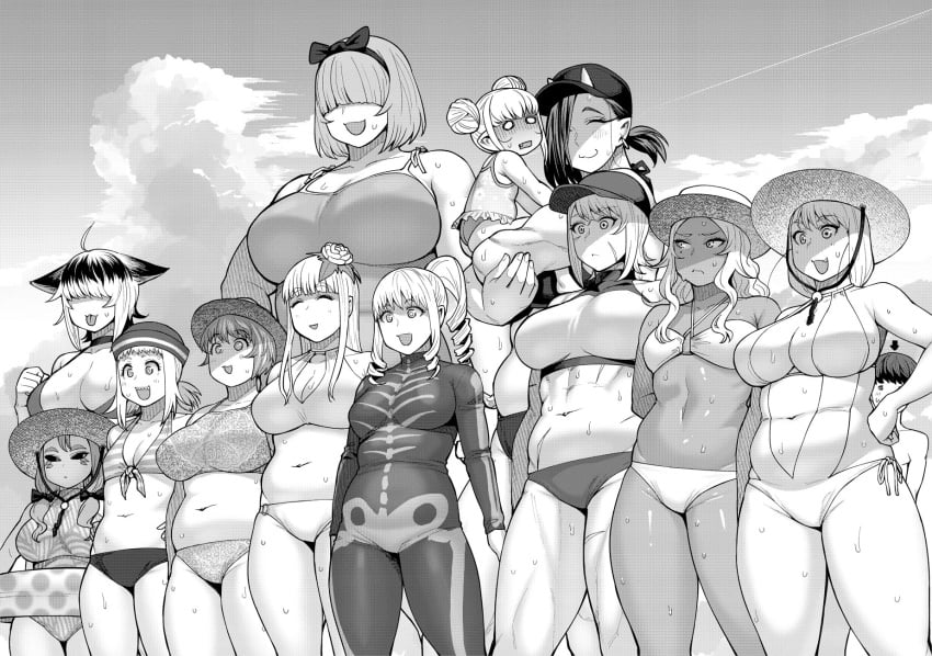 1boy 6+girls abs alraune animal_ears aunt beach big_breasts bikini black_sclera breasts car cleavage closed_eyes cloud colored_sclera costume curvy cyclops dark-skinned_female dark_elf dark_skin dragon_girl elf elf-san_wa_yaserarenai elfuda fangs female flat_chest float gonda_(elf-san) hair_covering_eyes hair_over_eyes halfling hat headgear hidden_eyes highres hitome honeda horns huge_breasts humanoid kobo kuroeda kusahanada large_breasts looking_at_another mermaid mero_(elf-san) monochrome multiple_girls muscular muscular_female naoe_tomoatsu navel o-ring o-ring_bikini oeda oga oku oni open_mouth orc pig_girl plant_girl plump pointy_ears raika scared short_hair side-tie_bikini_bottom size_difference skeleton_print sky smile standing sweat swimsuit synecdoche thick_thighs thighs tongue tongue_out topknot twintails voluptuous wide_hips wolf_girl