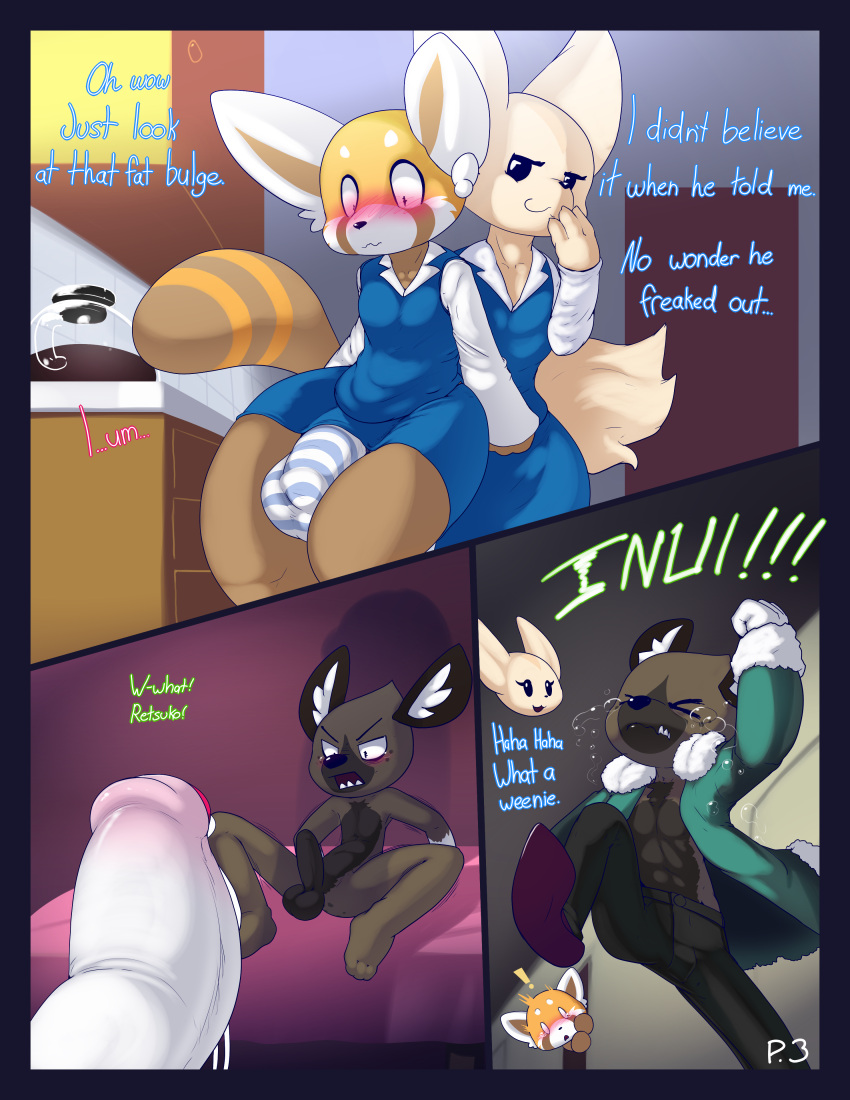 absurd_res aggressive_retsuko aggretsuko anthro balls big_balls big_penis blue_border blush bodily_fluids border bulge comic comparing duo embarrassed english_text fenneko foreskin genital_fluids genitals haida hi_res hyper hyper_genitalia leaking_precum maehdoggie male male/male nude penis precum retsuko sanrio tears text work_uniform