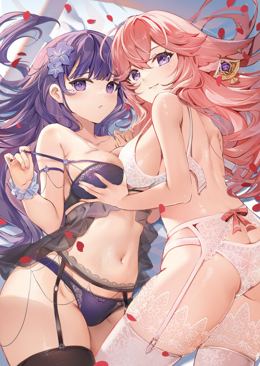 2girls ass black_thighhighs bra breasts butt_crack closed_mouth female_only flower garter_belt genshin_impact grabbing grabbing_another's_breast hair_flower hair_ornament highres kita_(kitairoha) large_breasts mole mole_under_eye multiple_girls navel panties parted_lips petals pink_hair purple_bra purple_eyes purple_hair purple_panties raiden_shogun scrunchie stomach thighhighs thighs underwear white_bra white_garter_belt white_panties white_thighhighs wrist_scrunchie yae_miko yuri