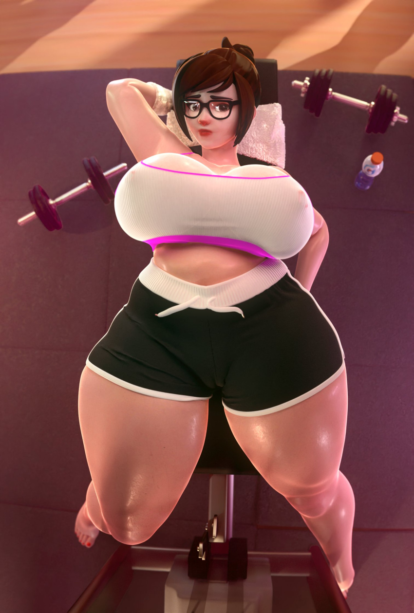 3d big_breasts chubby chubby_female dark_hair glasses gym huge_breasts lying_on_back mei_(overwatch) nipples_visible_through_clothing overwatch rule2754 thick_thighs wide_hips