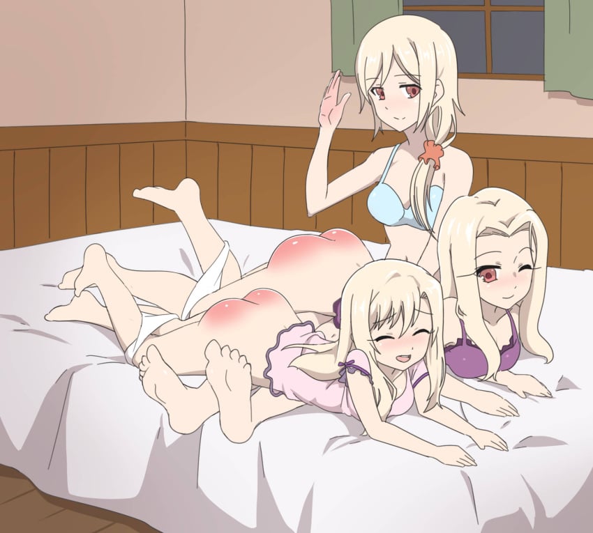 3girls bed blush character_request double_spanking dress eingyeo enjoying_spanking eyes_closed fate_(series) female female_only illyasviel_von_einzbern irisviel_von_einzbern light_blue_bra light_hair looking_at_another multiple_girls one_eye_closed open_mouth over_the_knee over_the_knee_spanking purple_bra red_ass smiling spanking white_panties