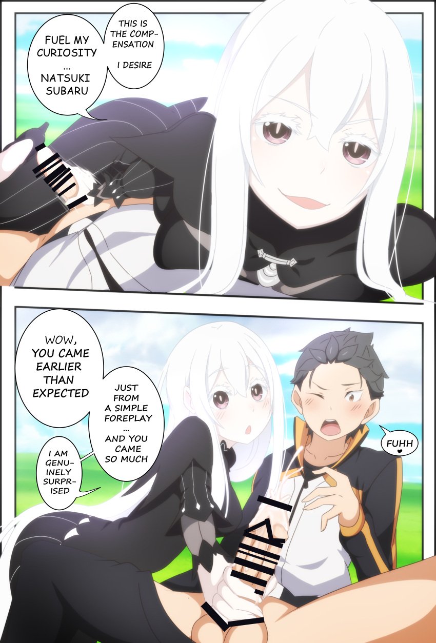 1girls albino big_breasts big_penis breasts censored dirty_talk dressed echidna_(re:zero) eye_contact female fringe gear_art handjob imminent_deepthroat imminent_oral intimate inviting_to_sex long_hair natsuki_subaru oral oral_invitation pale-skinned_female penis petite pov purple_eyes re:zero_kara_hajimeru_isekai_seikatsu saliva surprised teenager text white_eyelashes white_hair white_skin witch