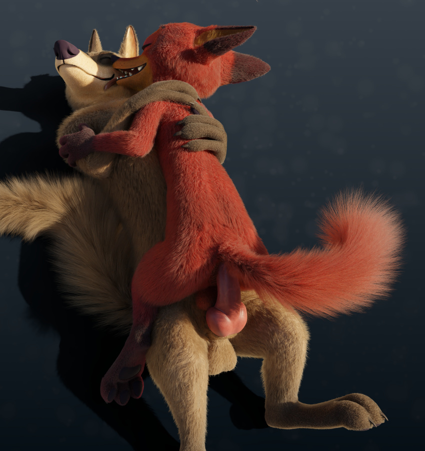 3d_(artwork) absurd_res animal_genitalia animal_penis anthro balls black_nose blender_(software) brown_body brown_fur canid canine canine_genitalia canine_penis canis claws closed_eyes digital_media_(artwork) disney duo embrace fangs fluffy fluffy_tail fox fur genitals gloves_(marking) hands_on_back hi_res high-angle_view huge_filesize knot licking lying male male/male mammal markings nick_wilde nude on_back orange_body orange_fur penetration penis rockyrcoon sex simple_background size_difference sneakyphox tail teeth tongue tongue_out wolf zootopia