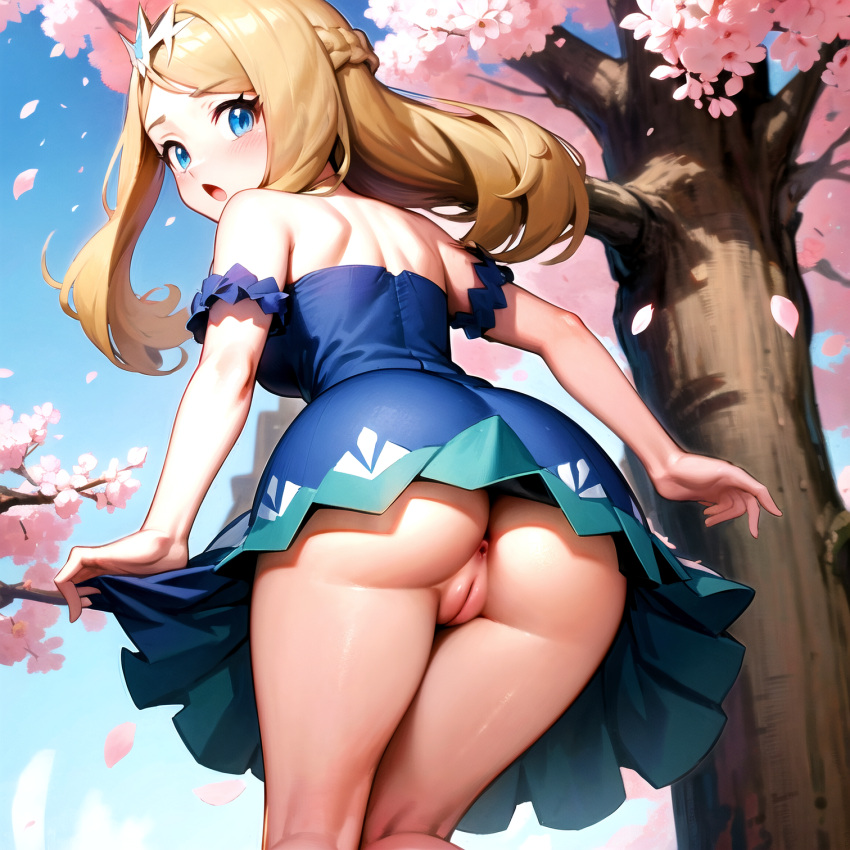 1girls ai_generated alternate_costume anus ass back blonde_hair blue_eyes blush bottomless cameltoe cherry_blossoms chocolate_starfish dress exhibitionism female flower game_freak kujai long_hair nintendo nopan official_alternate_costume outdoors_nudity pokemon pokemon_(game) pokemon_masters pokemon_xy pussy serena_(champion)_(pokemon_masters) serena_(pokemon) solo thighs uncensored