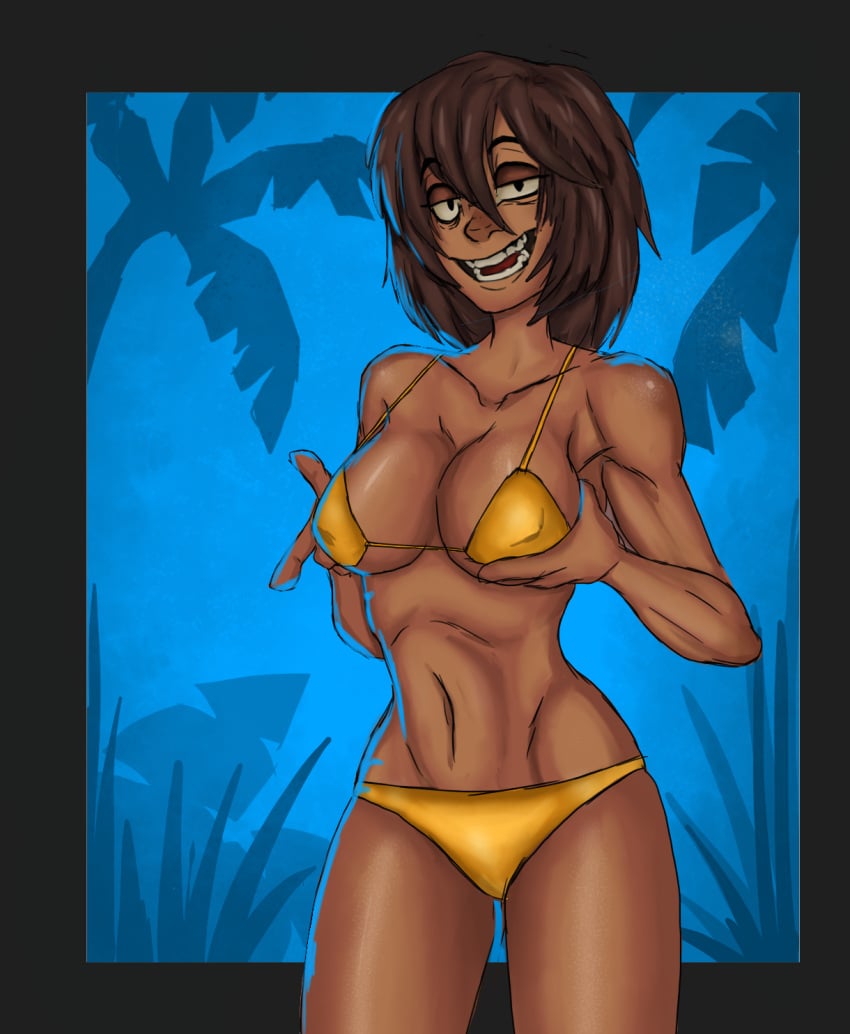 background bedroom_eyes bikini bikini_bottom bikini_top brown_hair cottt(artist) dark-skinned_female dark_skin female female_focus female_only half-closed_eyes holding_breast large_breasts looking_at_viewer original original_character pressing_breasts_together shiny_skin short_hair simple_background smile smiling straight thick_thighs