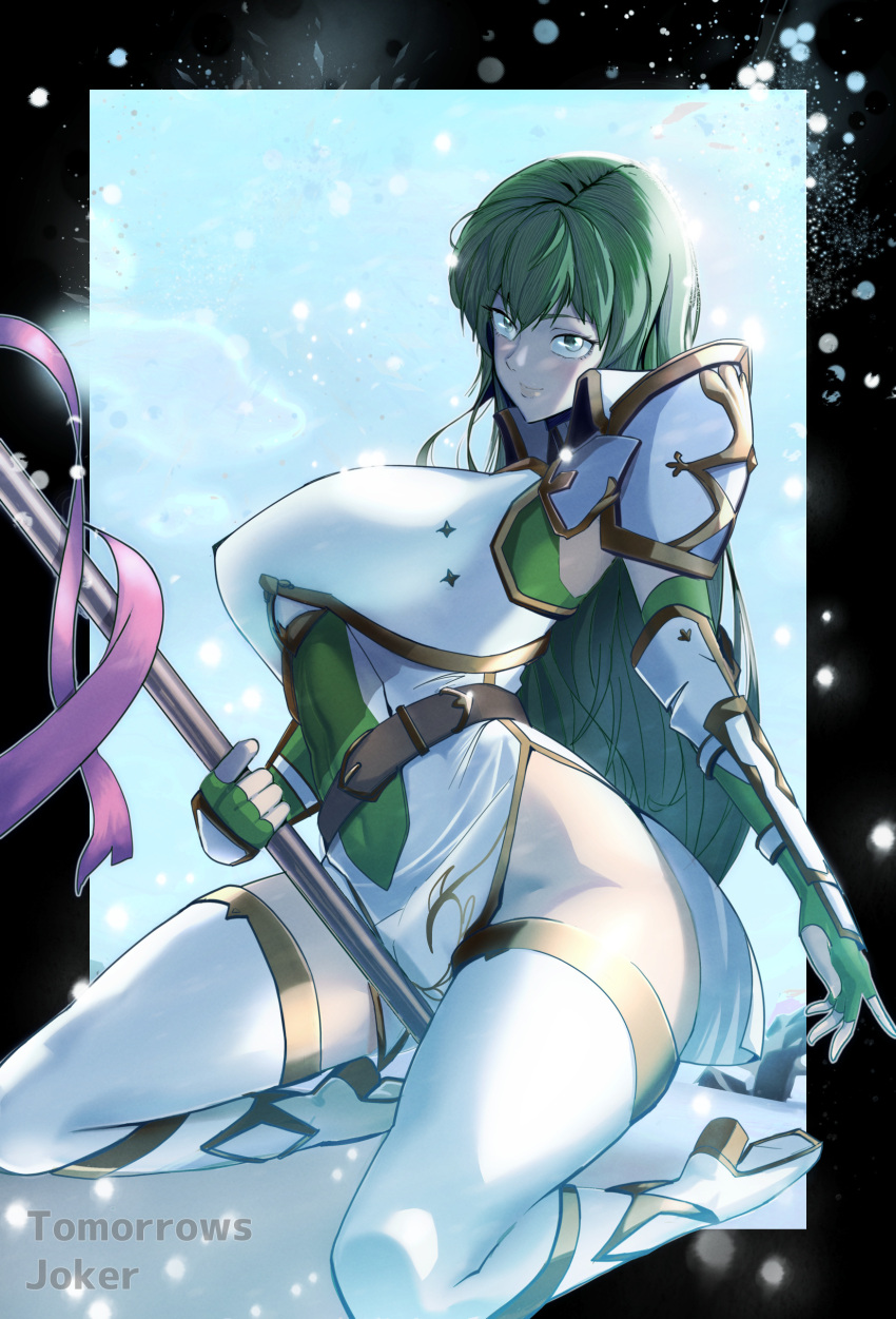 1girls armor bare_thighs between_legs blue_background boots breasts elbow_gloves erinys_(fire_emblem) female female_only fingerless_gloves fire_emblem fire_emblem:_genealogy_of_the_holy_war gloves green_eyes green_hair high_heels hourglass_figure kneeling large_breasts long_hair mature mature_female nintendo pelvic_curtain smile solo spear thick_thighs thigh_boots thighs tomorrowsjoker very_long_hair weapon wide_hips