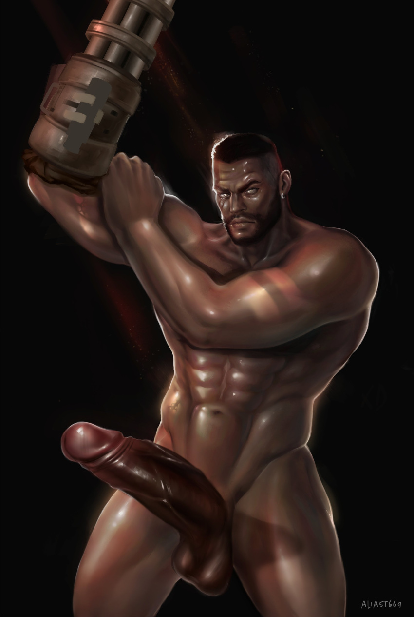 aliast669 balls bara barret_wallace beard big_balls big_penis black_hair boner dark-skinned_male dark_skin erection facial_hair final_fantasy final_fantasy_vii male male_only muscles muscular nude penis prosthetic_arm solo solo_male