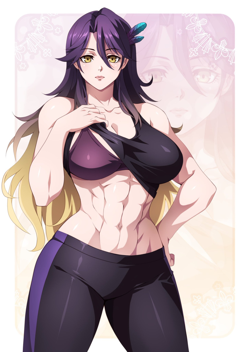 1girls abs balasdan_(dannilo77579108) belly_button big_breasts blonde_hair bra breasts clothed clothing female female_only gym gym_clothes light-skinned_female light_skin lua_asuka muscular muscular_female production_kawaii purple_bra purple_hair solo tank_top_lift two_tone_hair virtual_youtuber yellow_eyes