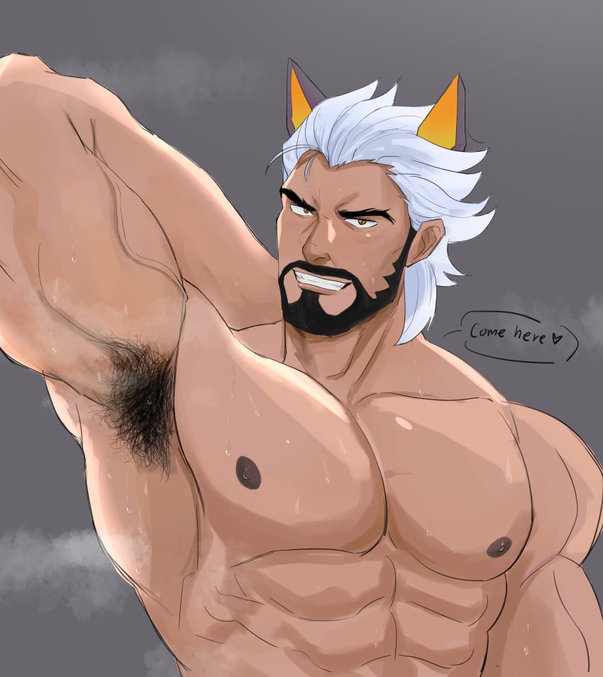 1boy 2022 abs anima_squad_series arm_behind_head armpit_hair bara barazoku battle_bunny_series battle_wolf_sylas beard biceps facial_hair gay hairy hi_res highres league_of_legends looking_at_viewer male male_focus male_nipples male_only manly muscles muscular muscular_arms muscular_male nipples no_visible_genitalia ppssan057 riot_games solo solo_male sweat sylas