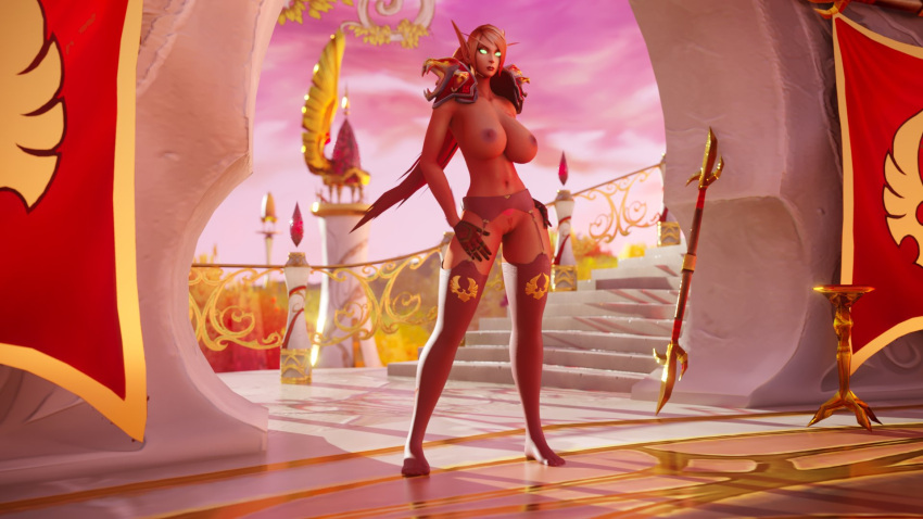 1girls 3d blizzard_entertainment blood_elf green_eyes huge_breasts justicaralb kissy_(warcraft) light-skinned_female light_skin original_character red_hair silvermoon_symbol solo stockings thick_thighs warcraft world_of_warcraft