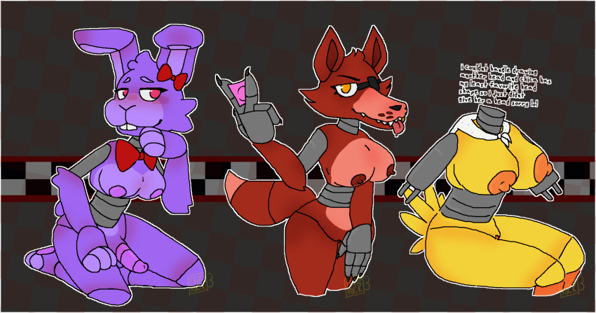 animatronic anthro areola avian balls bedroom_eyes big_breasts bird blush bonnie_(fnaf) bow_tie breasts canid canine chica_(fnaf) chicken condom condom_wrapper digital_media_(artwork) english_text erection eye_patch eyewear female five_nights_at_freddy's fox foxy_(fnaf) fur fuzzrock3 galliform gallus_(genus) genitals gynomorph hi_res huge_breasts intersex lagomorph leporid looking_at_viewer machine mammal mtf_crossgender mtg_crossgender mti_crossgender multiple_images narrowed_eyes nipples nude offering_condom penis phasianid purple_body purple_fur pussy rabbit red_body red_fur robot rule_63 scottgames seductive sexual_barrier_device simple_background sitting smile solo teeth text thick_thighs tongue tongue_out wide_hips wrapped_condom